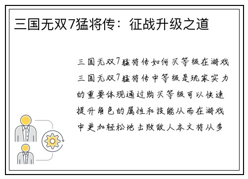 三国无双7猛将传：征战升级之道