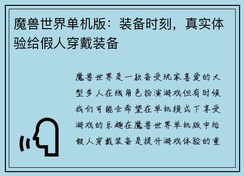 魔兽世界单机版：装备时刻，真实体验给假人穿戴装备